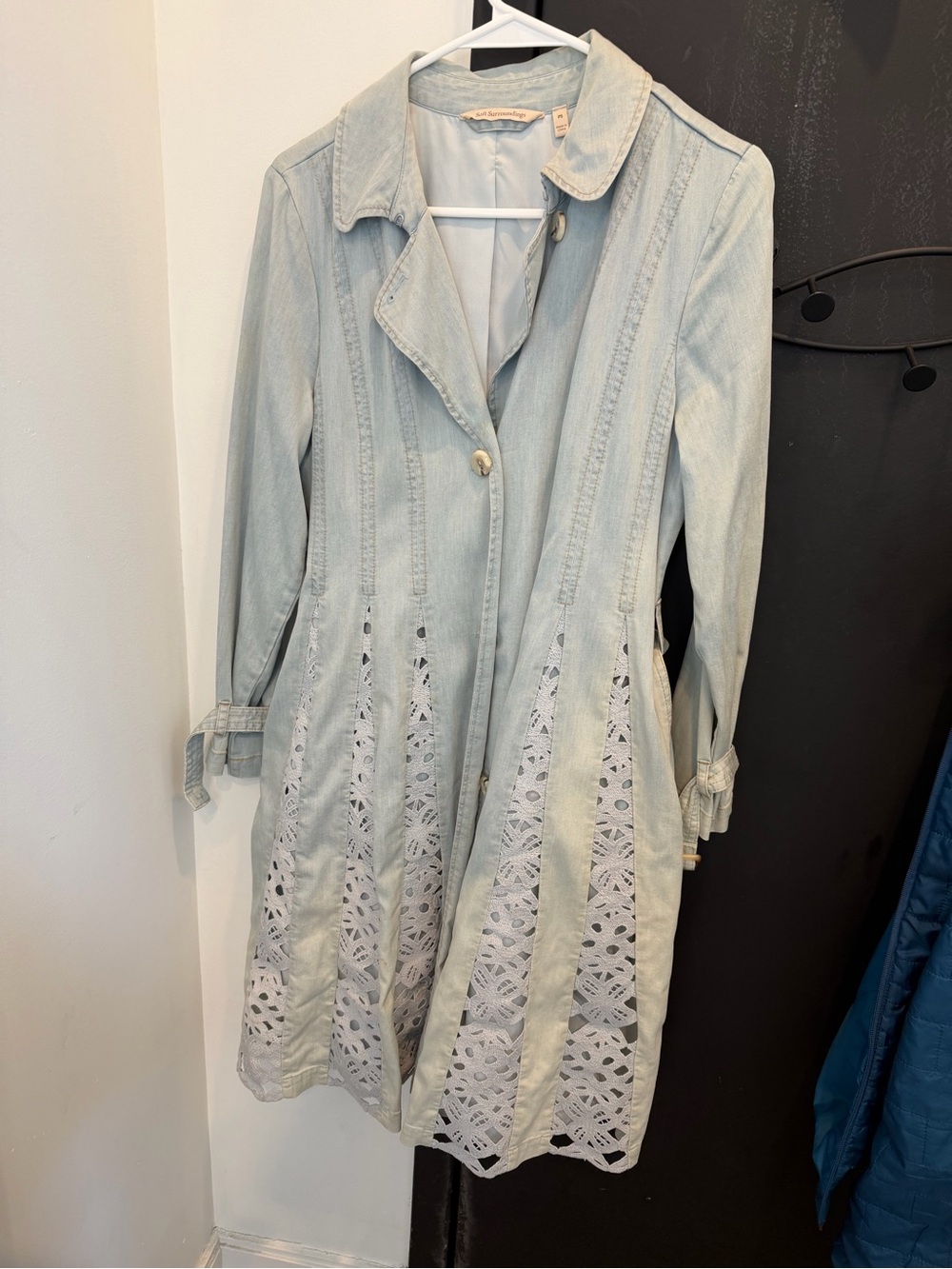 Soft Surroundings Light Blue Lace-Panel Trench Coat